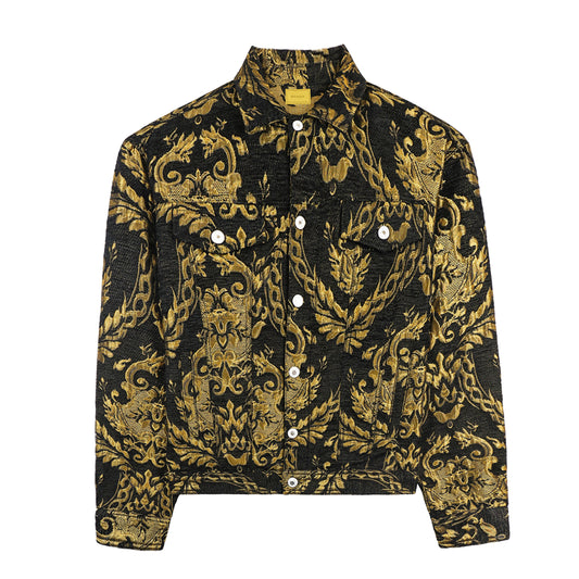 baroque-style gold print denim jacket