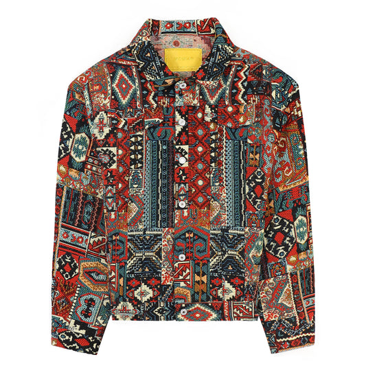 baroque-style gold print denim jacket